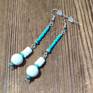 Blue and White Beaded Long Dangle Earrings / Handmade Ladies Earrings